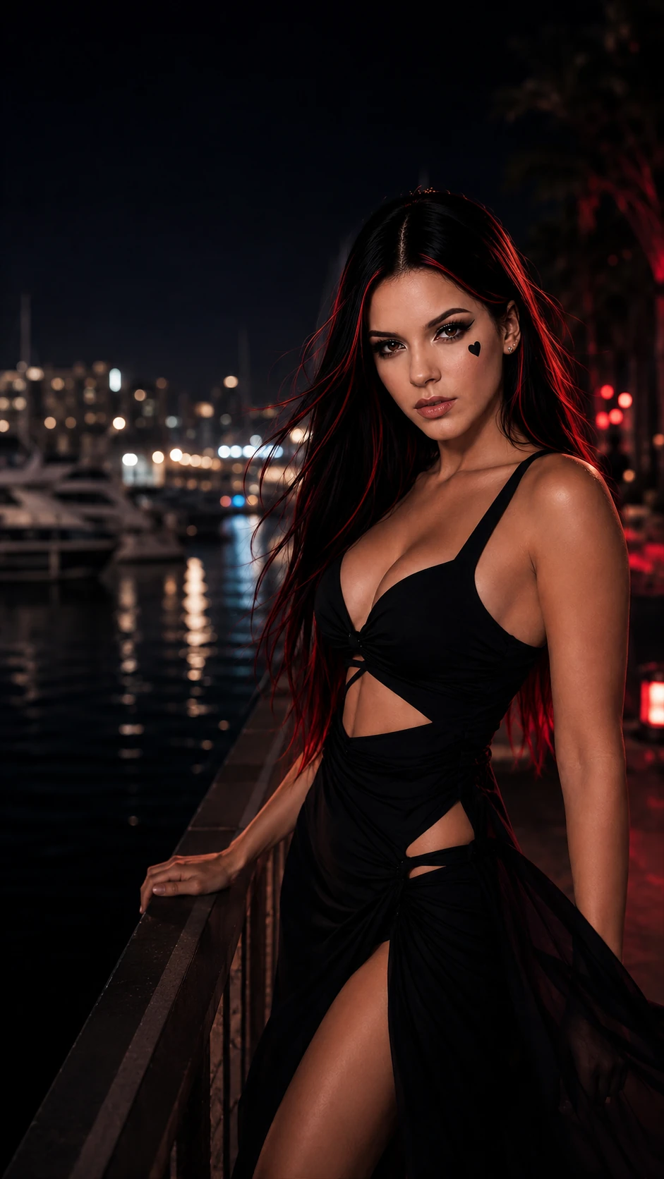 Η Roselune Everly σε νυχτερινό σκηνικό δίπλα στη μαρίνα